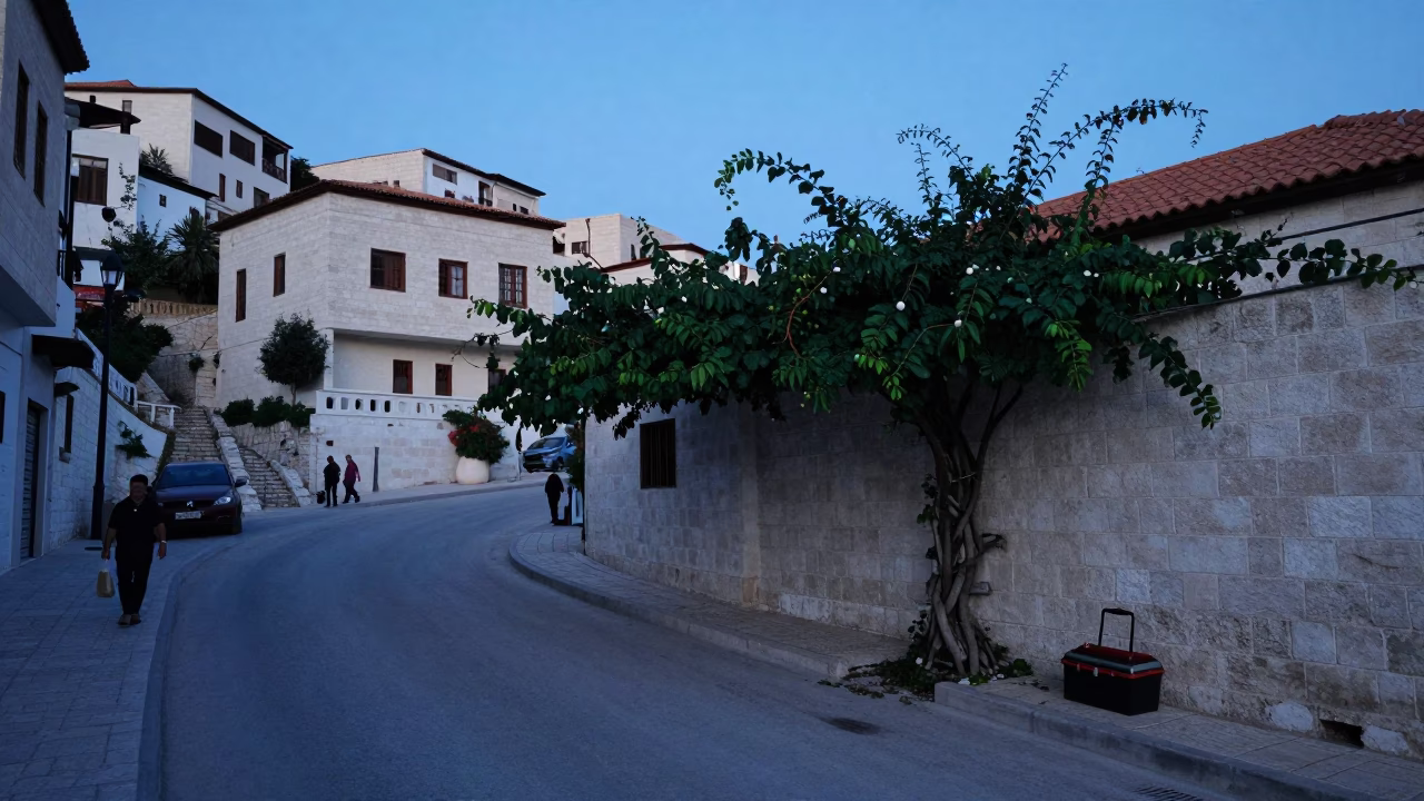 Amman Jordan Evening Street Scene with Vine and Toolbox on Steep Hill in in Amman, Jordan