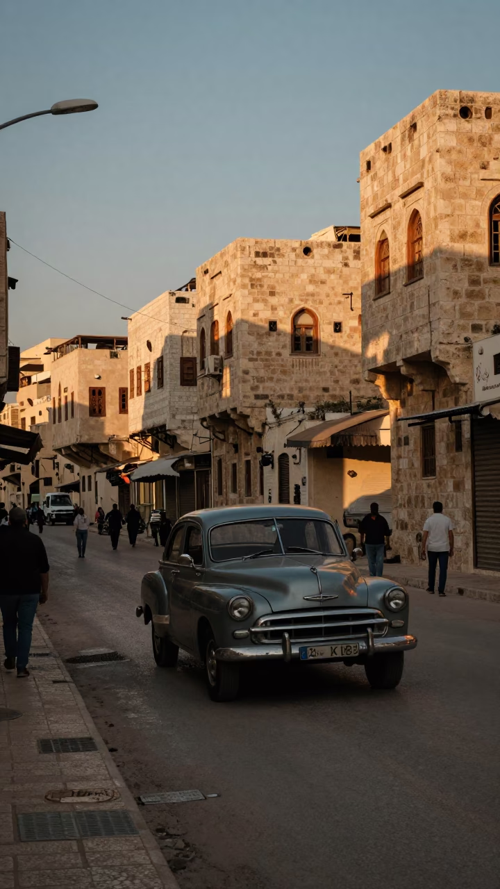 Amman Jordan Evening Street Scene with Vintage Car and Local Market Activity in in Amman, Jordan