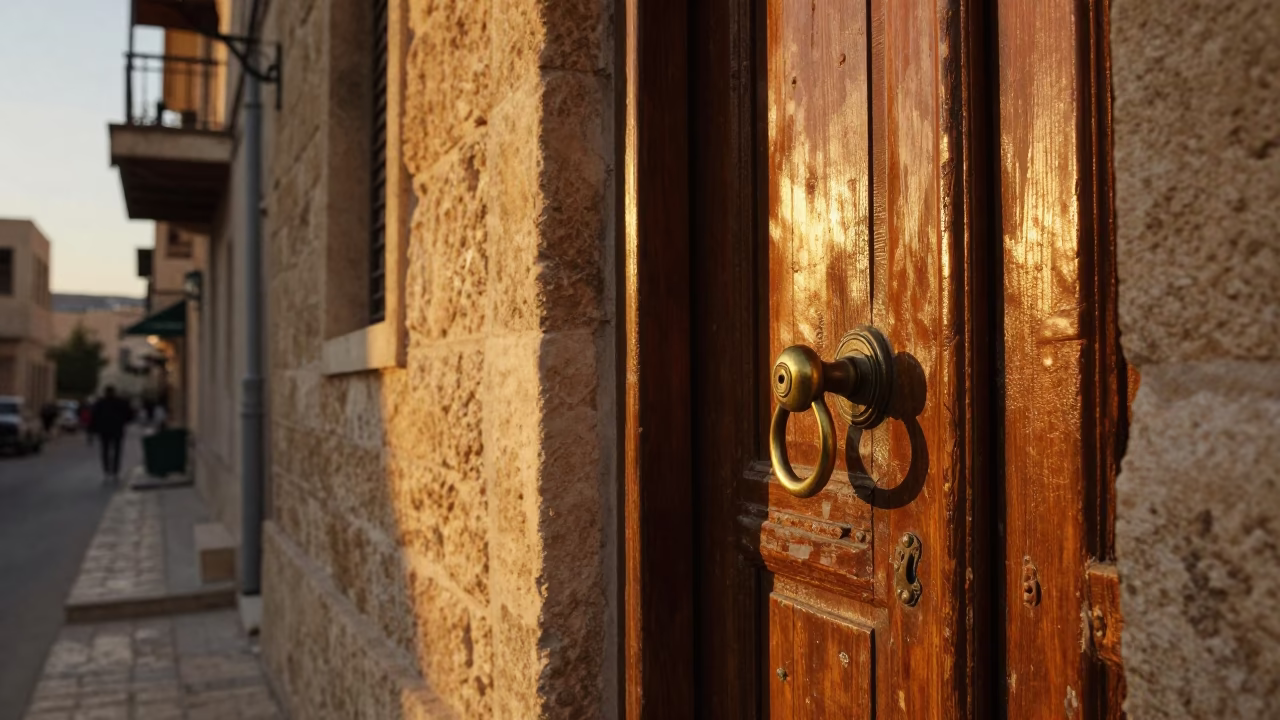 Amman Jordan Evening Street Scene with Vintage Doorknob Detail and Local Life in in Amman, Jordan