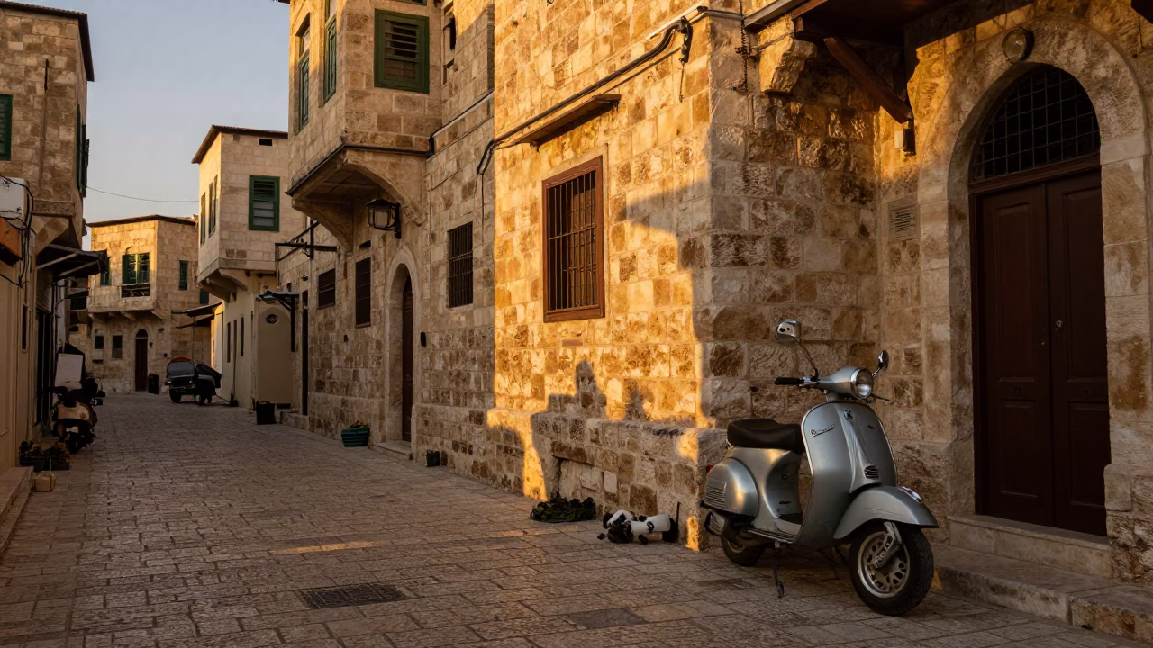 Amman Jordan Evening Street Scene with Vintage Vespa and Local Interaction in in Amman, Jordan