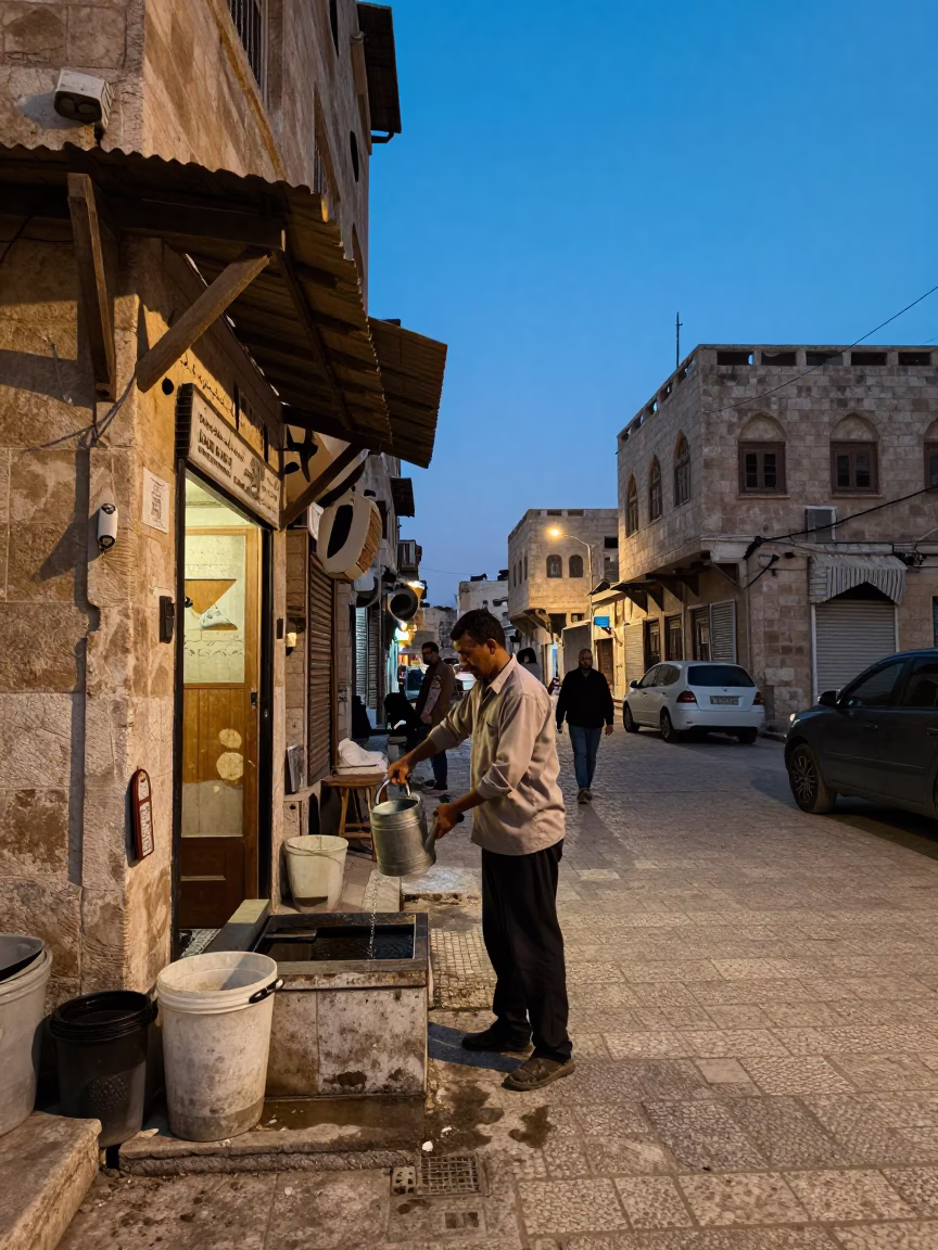Amman Jordan Evening Street Scene with Watering Jug and Traditional Stone Architecture in in Amman, Jordan