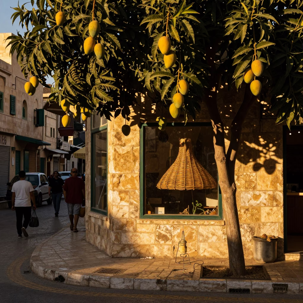 Amman Jordan Evening Street Scene with Wicker Shadows and Mango Tree in in Amman, Jordan