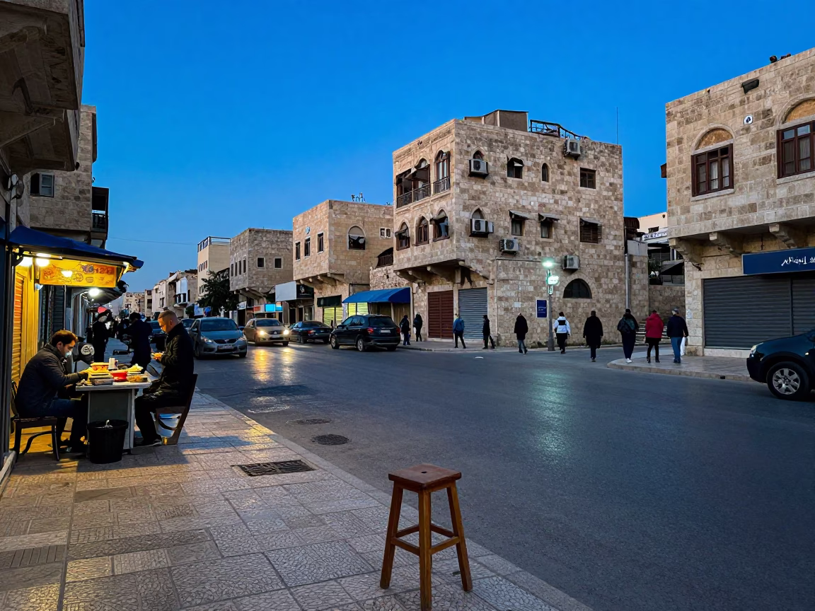 Amman Jordan Evening Street Scene with Wooden Stool and Busy Traffic in in Amman, Jordan