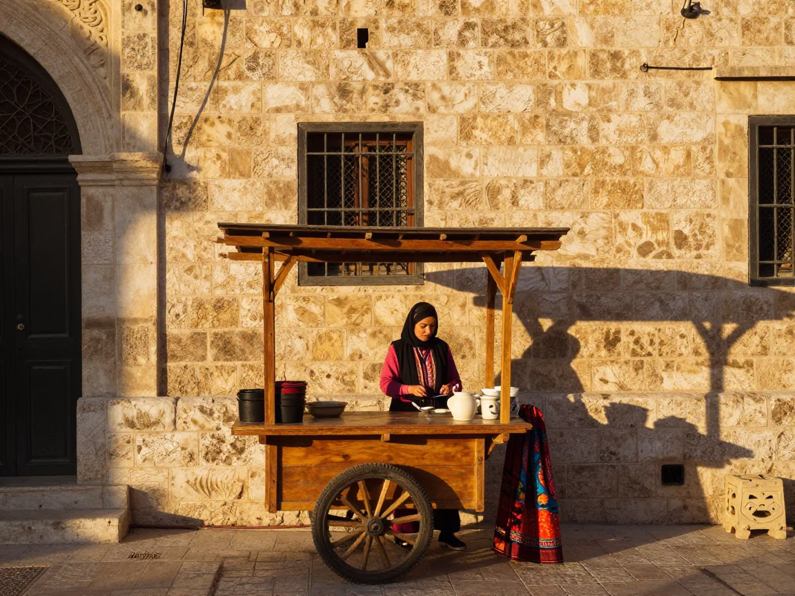 Amman Jordan First Light High Fashion Street Photography with Ceramic Cup and Awl in in Amman, Jordan
