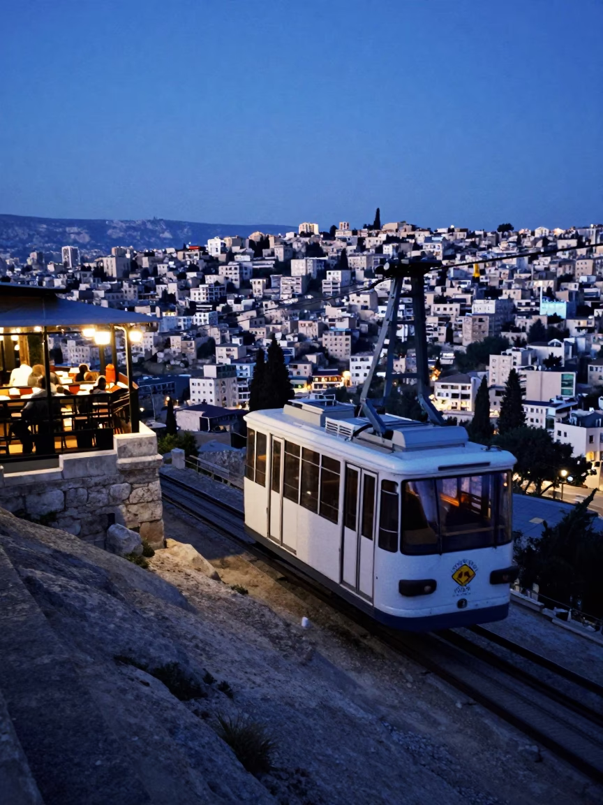 Amman Jordan Funicular Cliffside Restaurant Evening Blue Light Street Scene in in Amman, Jordan