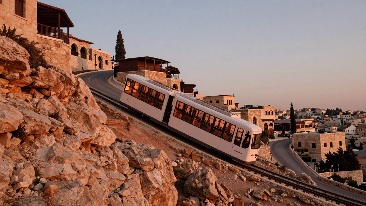 Amman Jordan Funicular Railway Approaching Cliffside Restaurant in Warm Dusk Light in in Amman, Jordan