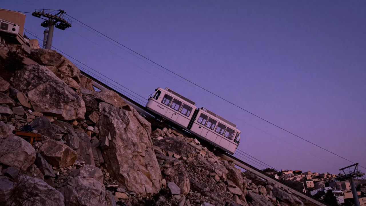 Amman Jordan Funicular Railway Climbing Steep Hill During Indigo Twilight After Sunset in in Amman, Jordan