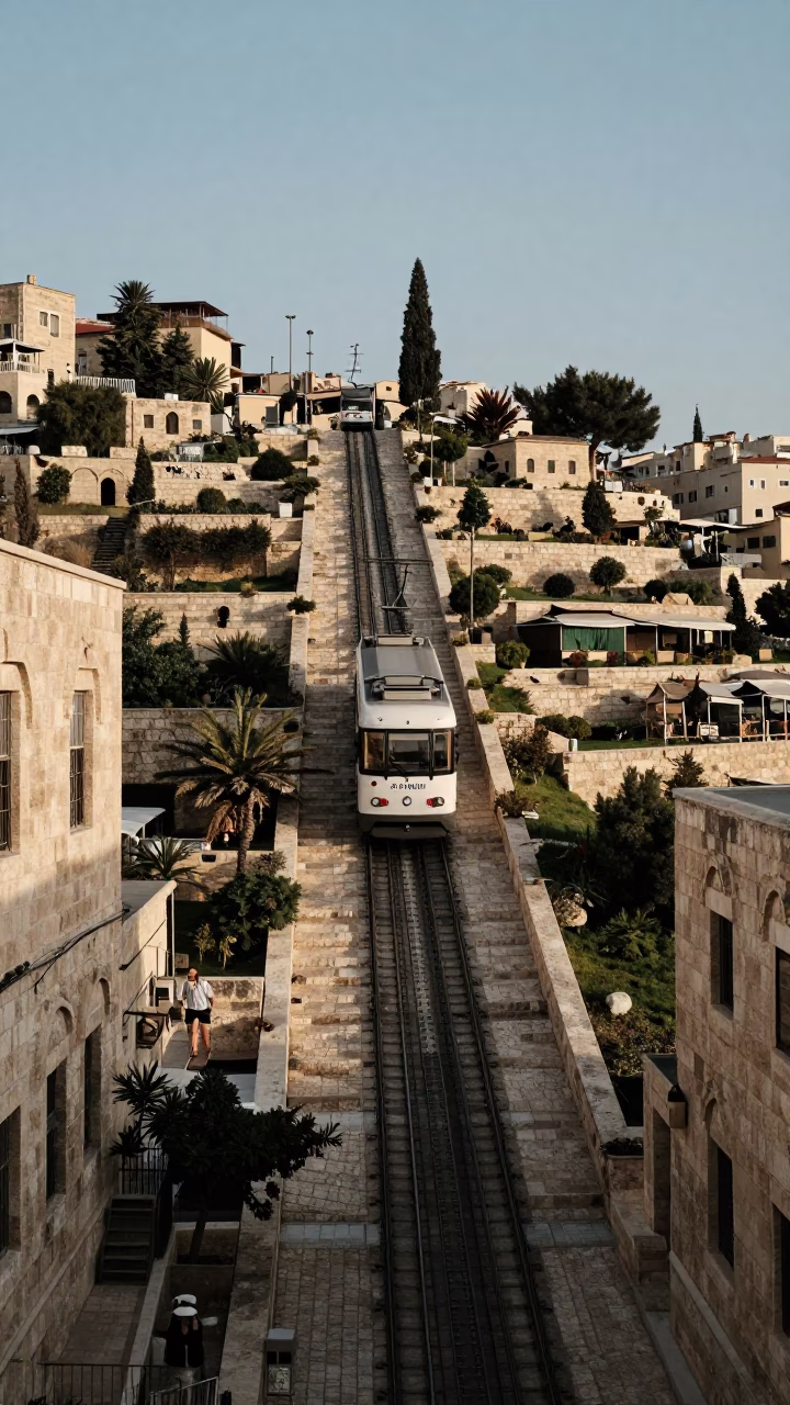 Amman Jordan Funicular Railway Rising Through Terraced Hills at First Light in in Amman, Jordan