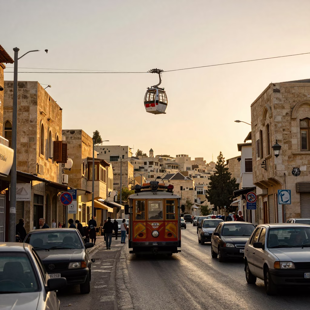Amman Jordan Golden Hour Street Scene with Cable Car and Local Life in in Amman, Jordan