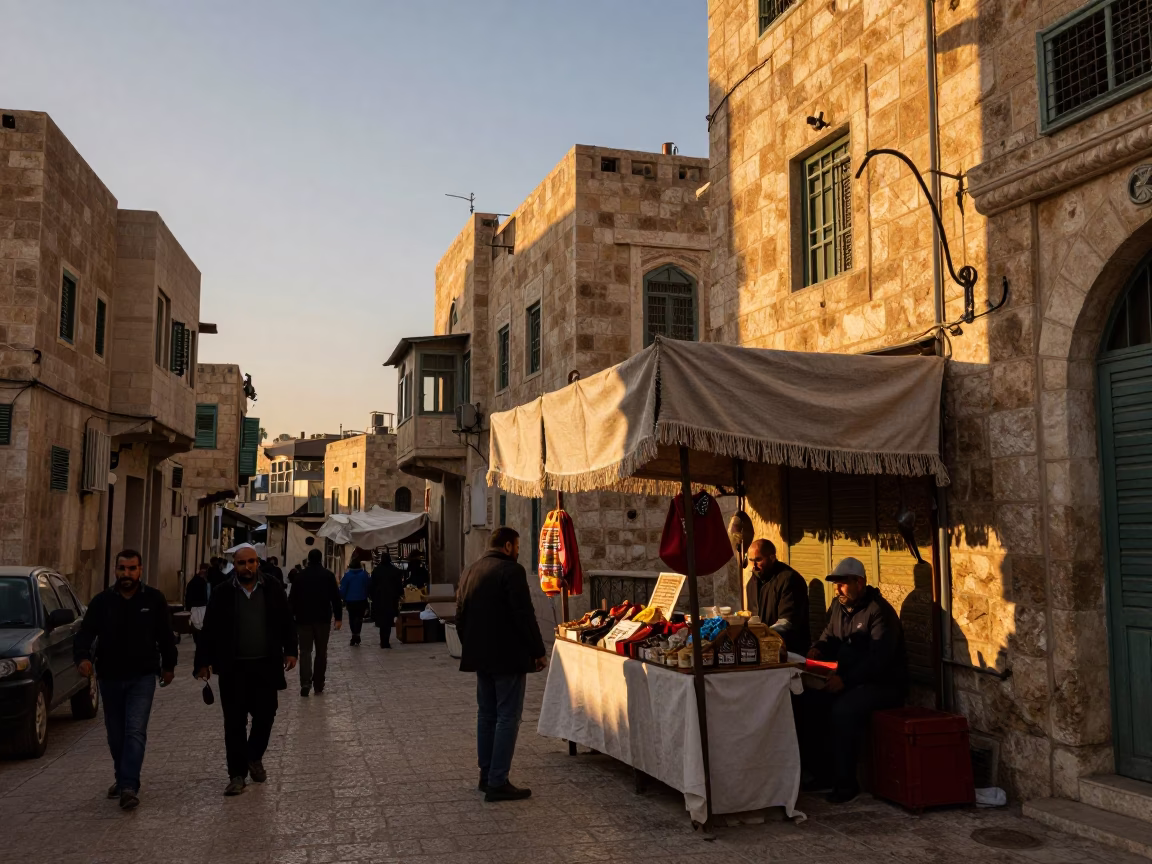 Amman Jordan Golden Hour Street Scene with Linen Fringe and Iron Hook in in Amman, Jordan