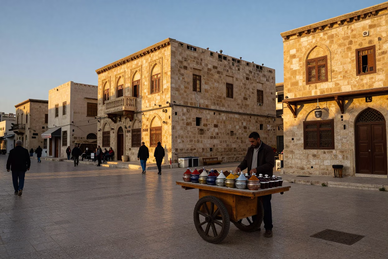 Amman Jordan Golden Hour Street Scene with Spice Jars and Traditional Tea Cup in in Amman, Jordan