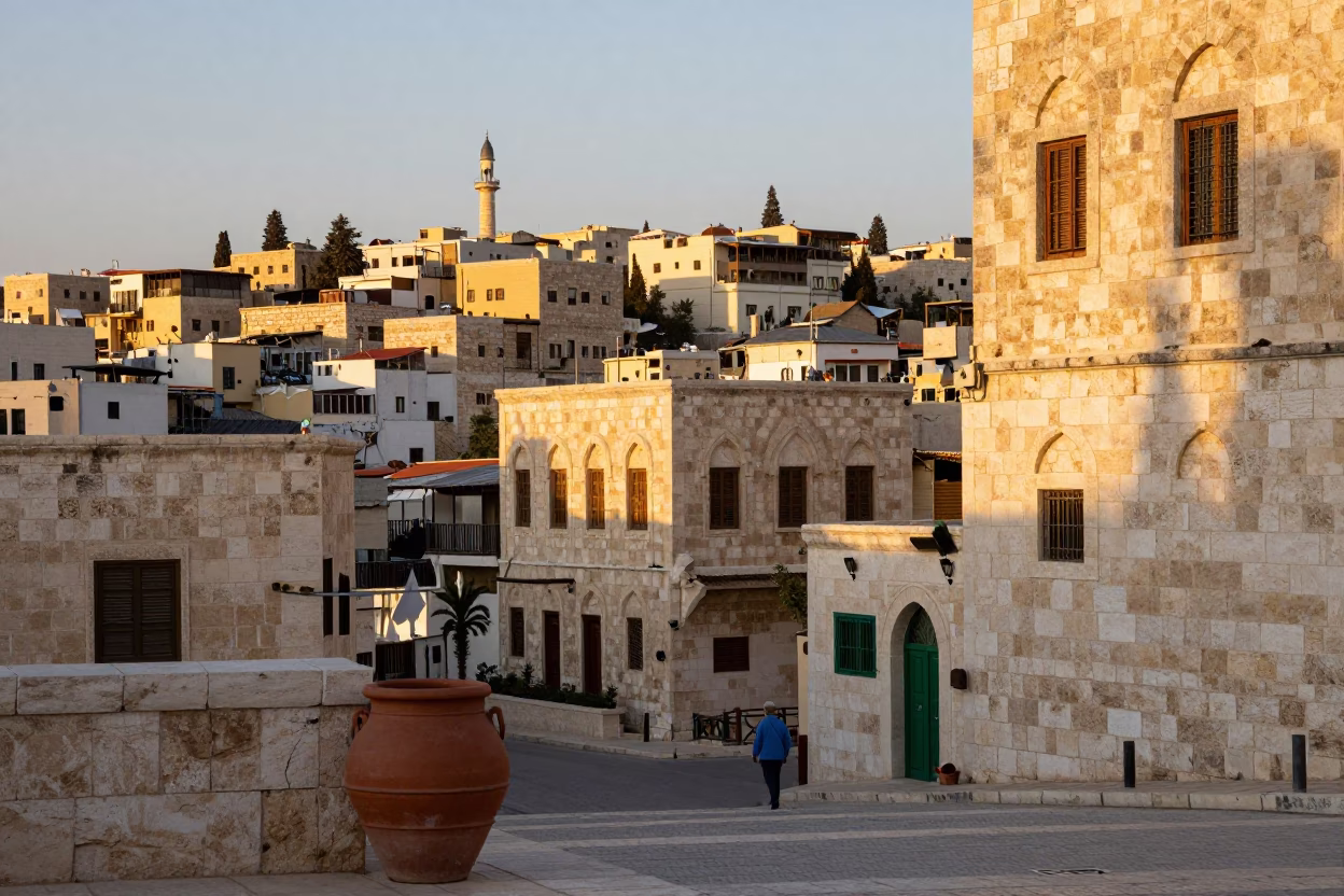 Amman Jordan Golden Hour Street Scene with Terracotta Pot and Brushed Steel Frame in in Amman, Jordan