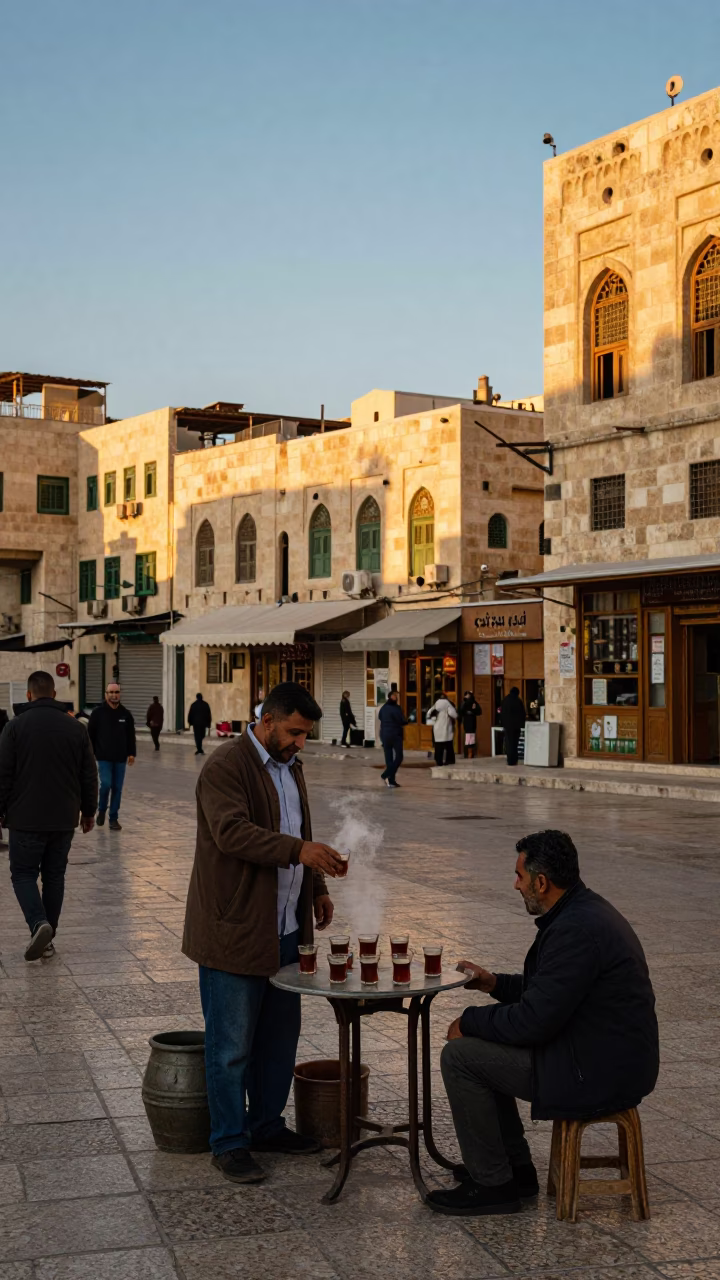 Amman Jordan Golden Hour Street Scene with Traditional Tea and Local Architecture in in Amman, Jordan