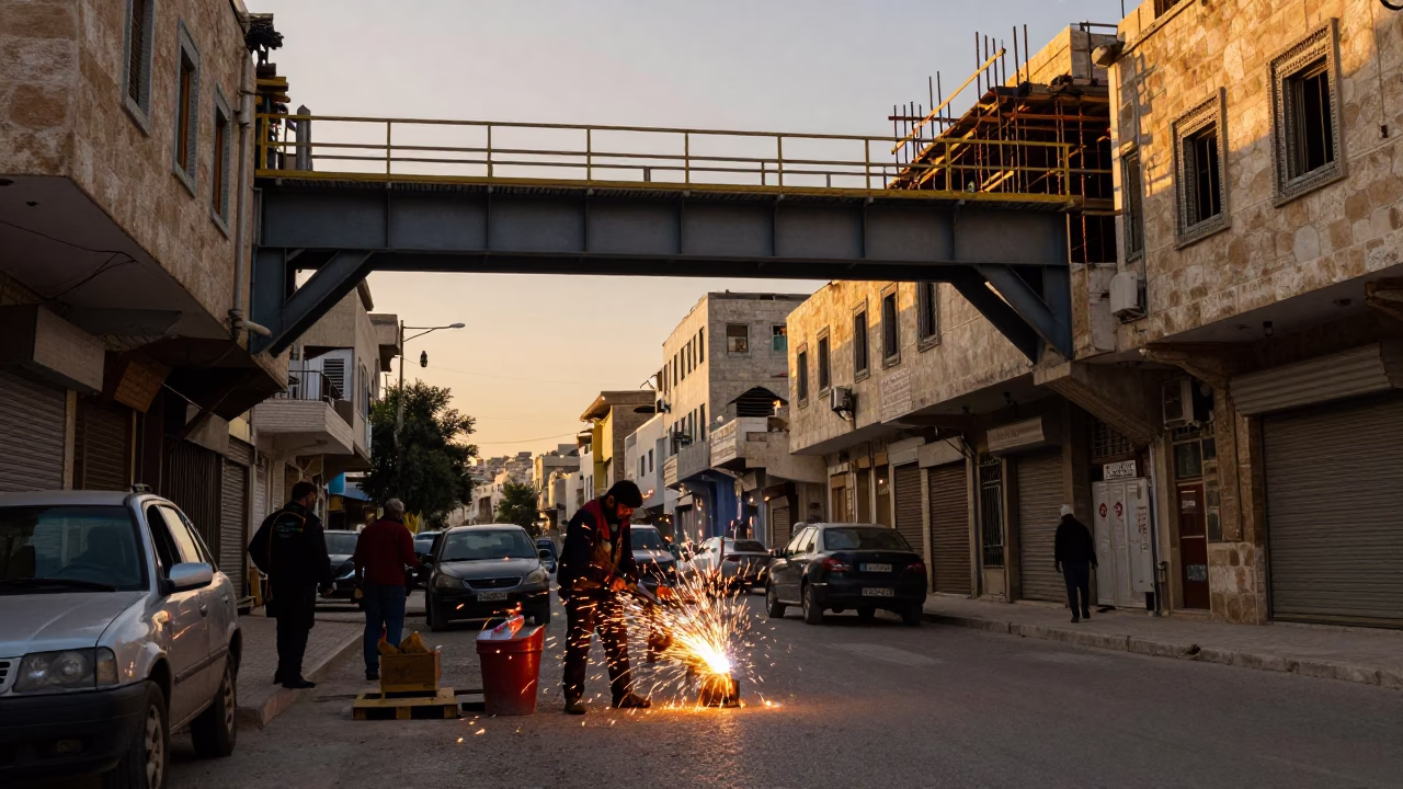 Amman Jordan Golden Hour Street Scene with Welding Sparks and Traditional Architecture in in Amman, Jordan