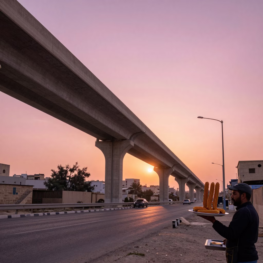 Amman Jordan Highway Flyover at Sunset with Espresso and Churros on Street Corner in in Amman, Jordan