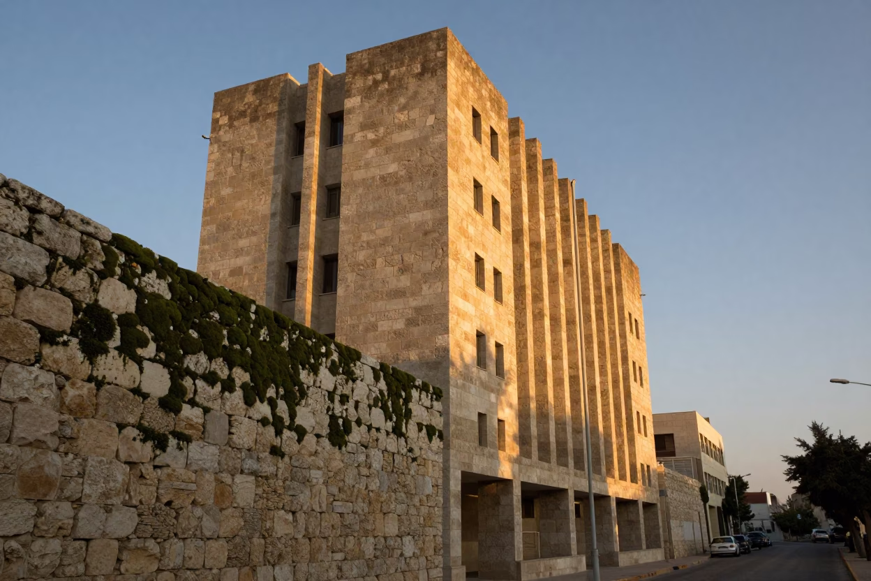 Amman Jordan Honeyed Evening Brutalist Concrete University Tower and Mossy Stone Wall Street Scene in in Amman, Jordan