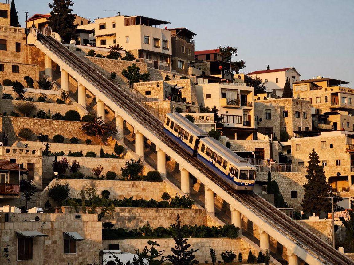 Amman Jordan honeyed evening light funicular rising steep terraced gardens stone architecture in in Amman, Jordan