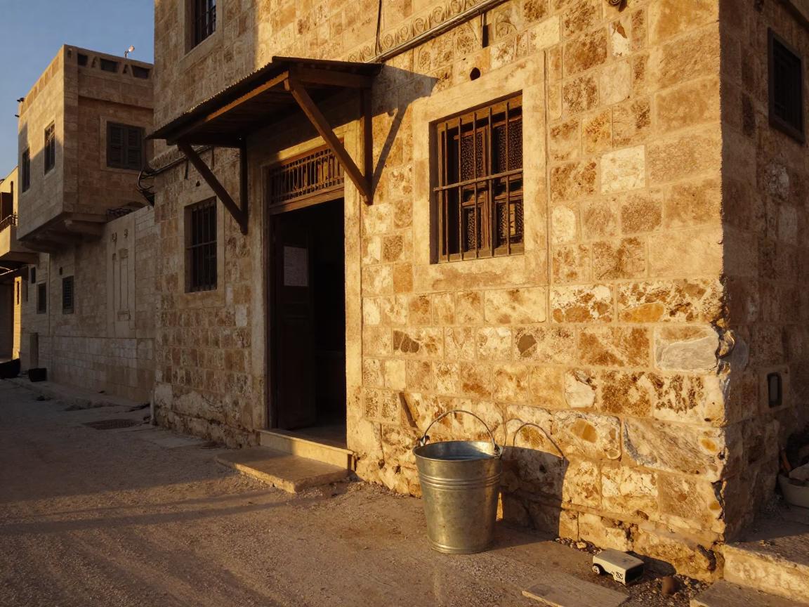 Amman Jordan Honeyed Evening Street Scene with Metal Bucket and Glass Bottles in in Amman, Jordan