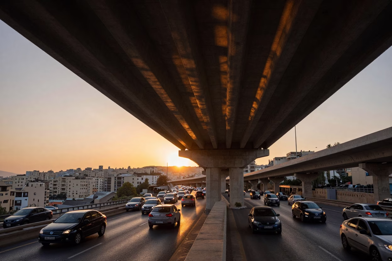 Amman Jordan Horizon Sunset Traffic Shadows Under Concrete Flyover Urban Landscape in in Amman, Jordan