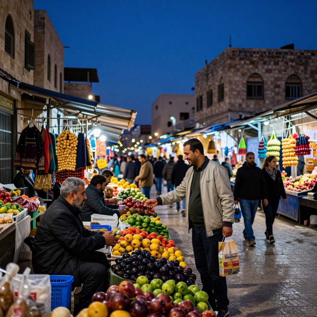 Amman Jordan indigo twilight street scene busy market atmosphere in in Amman, Jordan