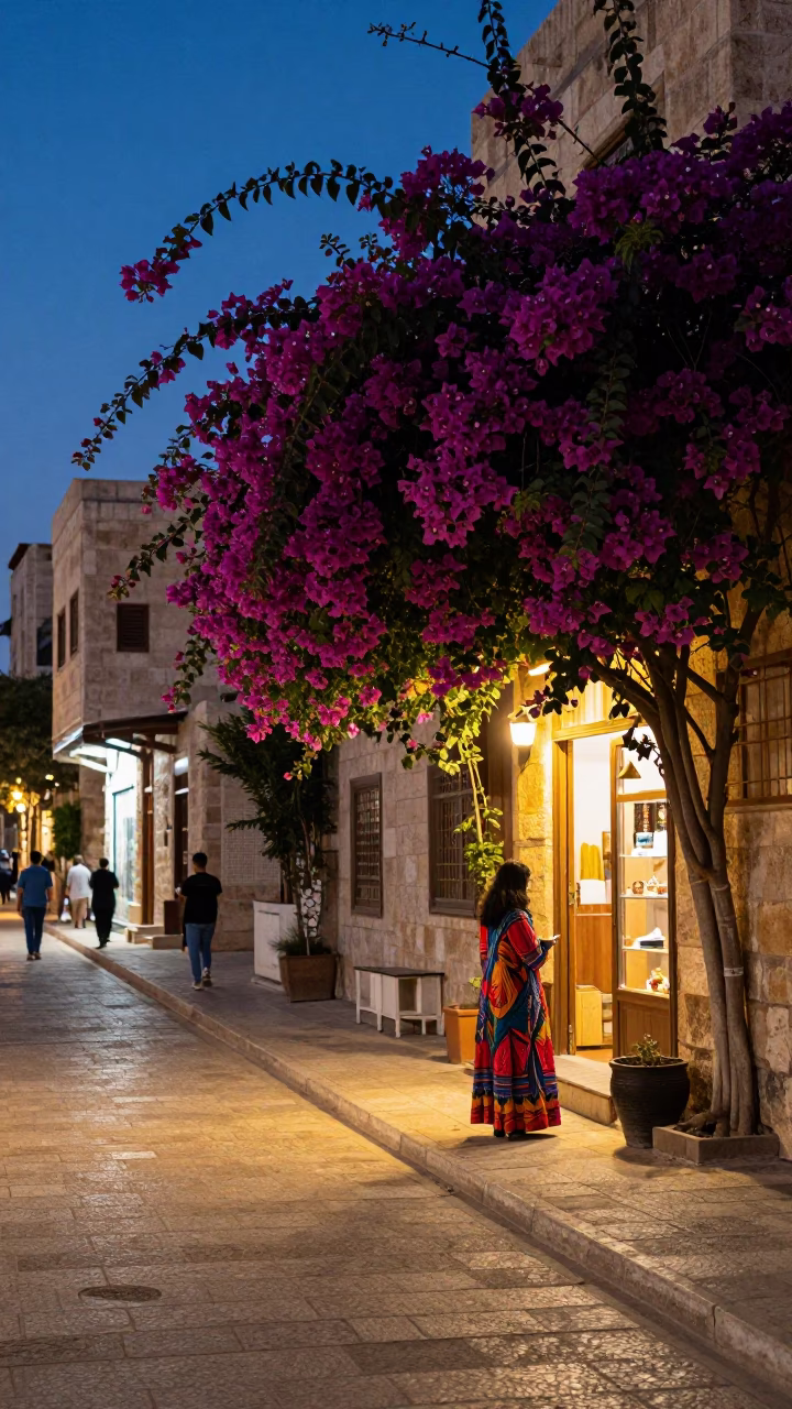 Amman Jordan indigo twilight street scene with bougainvillea and local life in in Amman, Jordan