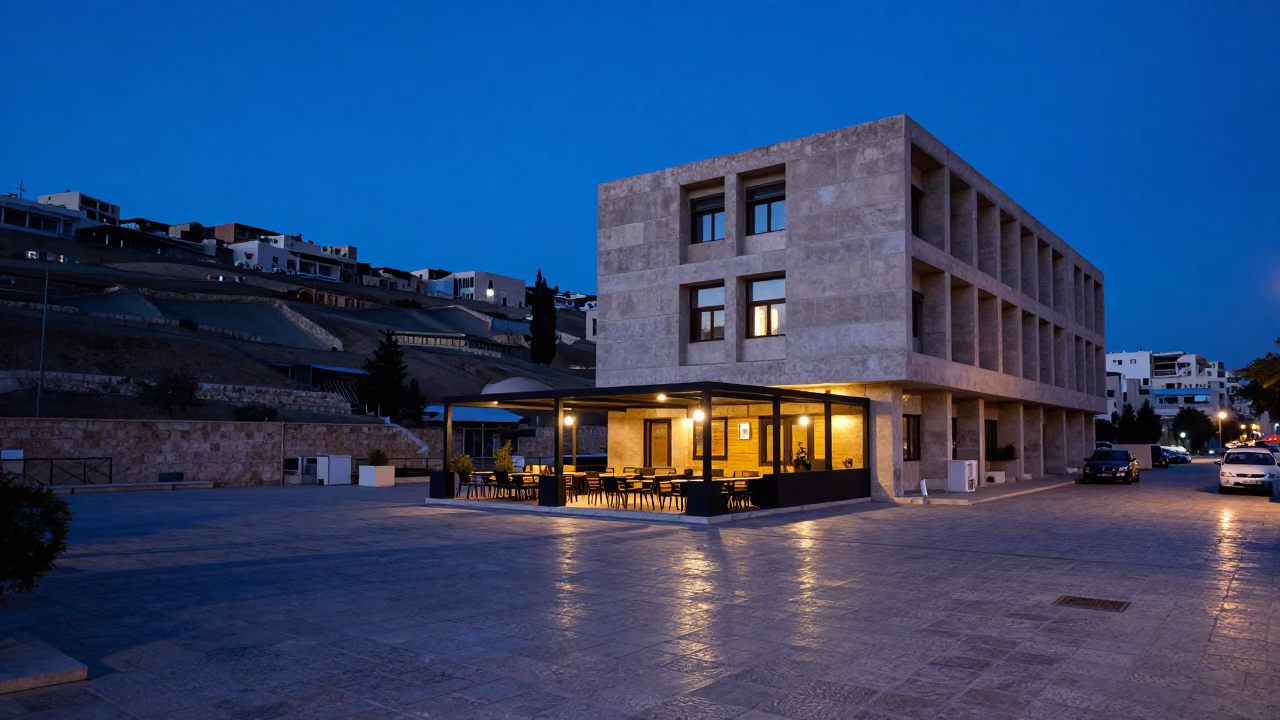 Amman Jordan indigo twilight street scene with concrete brutalist architecture and local café life in in Amman, Jordan