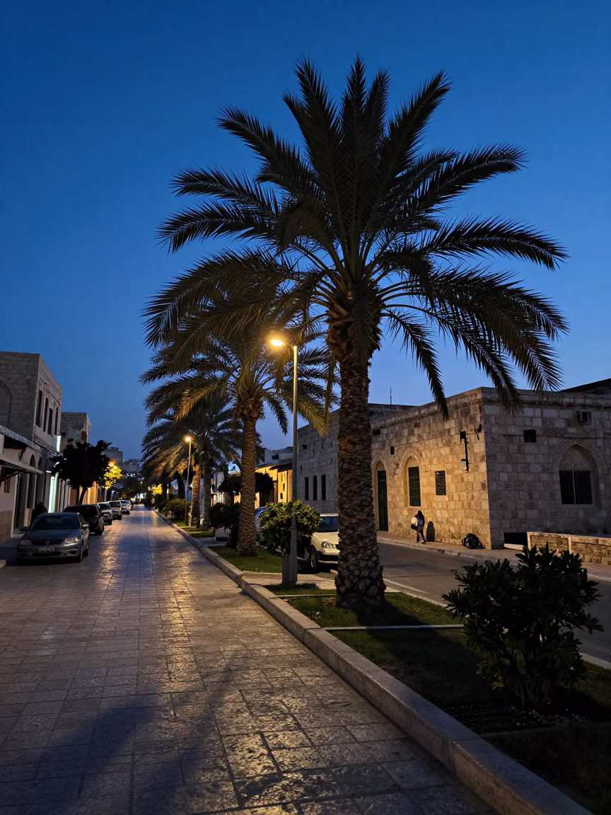 Amman Jordan Indigo Twilight Street Scene with Date Palm and Traditional Sandals in in Amman, Jordan