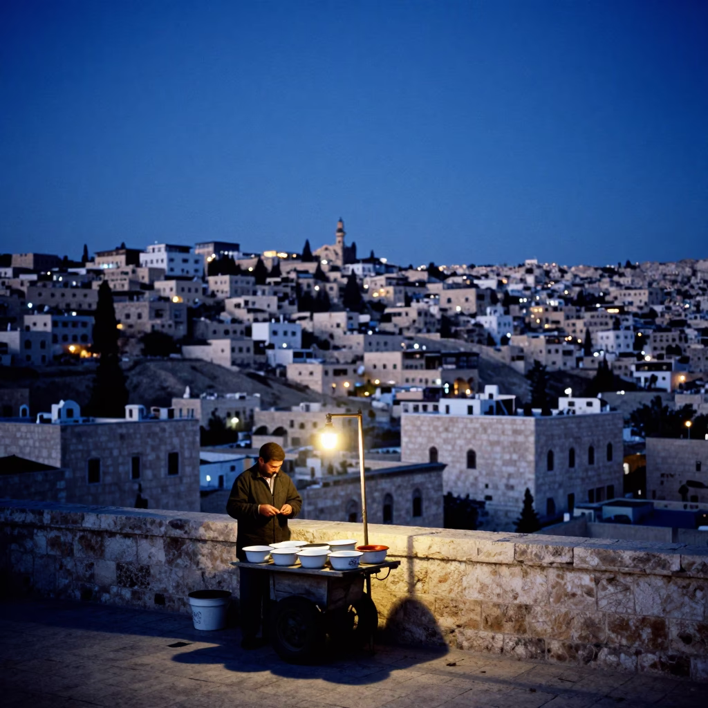 Amman Jordan indigo twilight street scene with enamel bowls and stone architecture in in Amman, Jordan