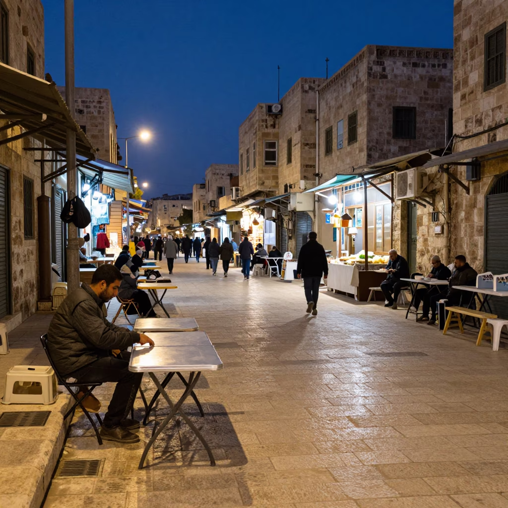 Amman Jordan indigo twilight street scene with folding tables and cardigans in in Amman, Jordan