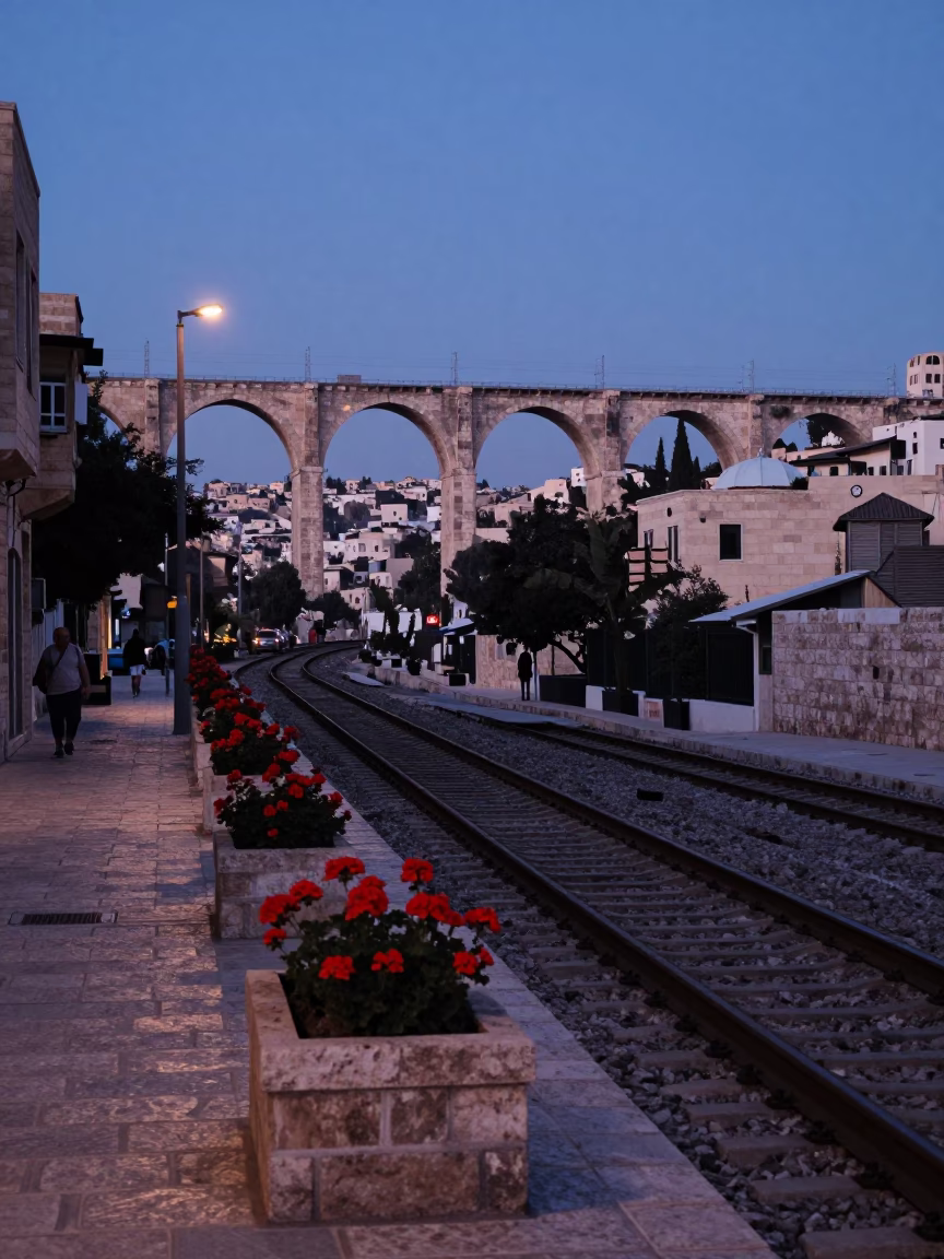 Amman Jordan indigo twilight street scene with geraniums and railway viaduct in in Amman, Jordan
