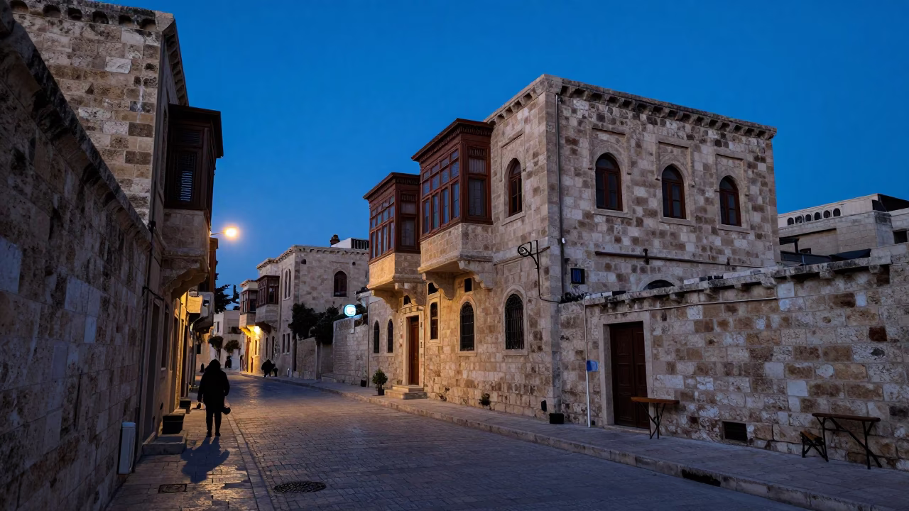Amman Jordan indigo twilight street scene with limestone buildings and local life in in Amman, Jordan