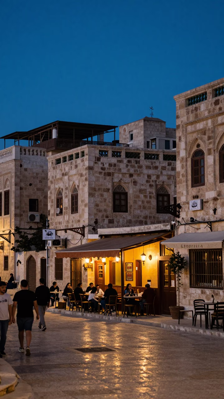 Amman Jordan indigo twilight street scene with traditional coffee shop and vintage signage in in Amman, Jordan