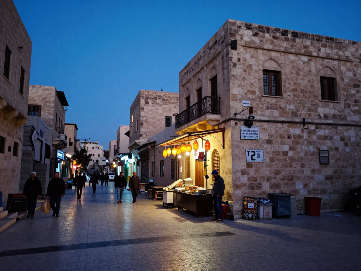 Amman Jordan Indigo Twilight Street Scene with Traditional Lanterns and Local Life in in Amman, Jordan