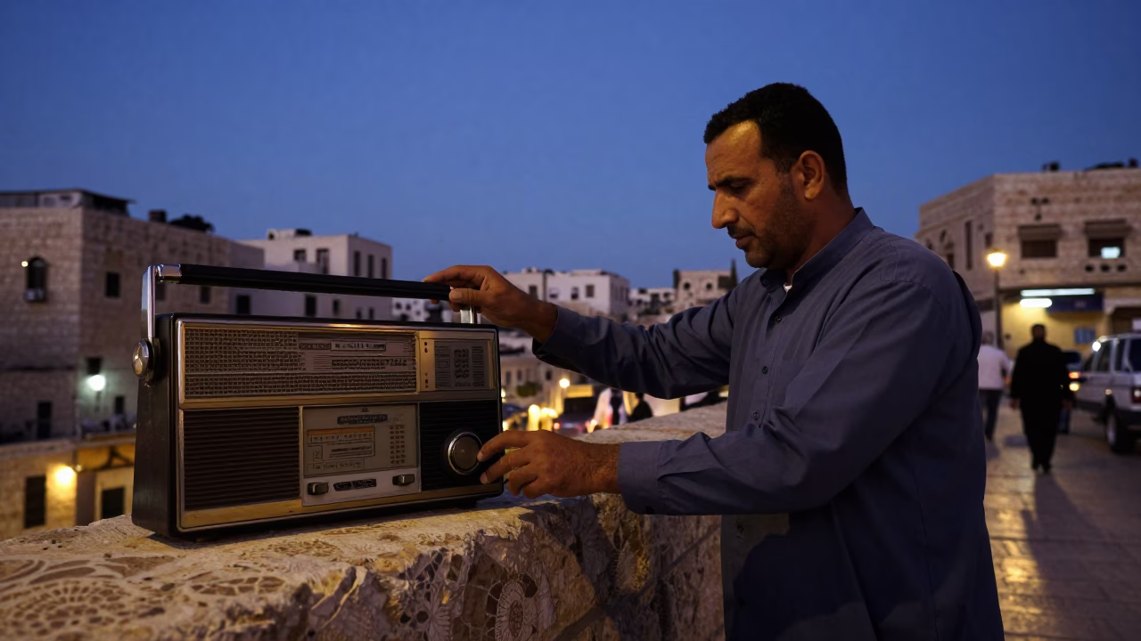 Amman Jordan indigo twilight street scene with vintage radio and blue white porcelain jar in in Amman, Jordan