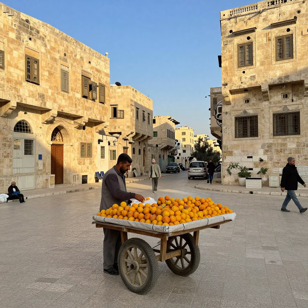 Amman Jordan Late Afternoon Street Scene with Apricots and Dusty Stone Architecture in in Amman, Jordan