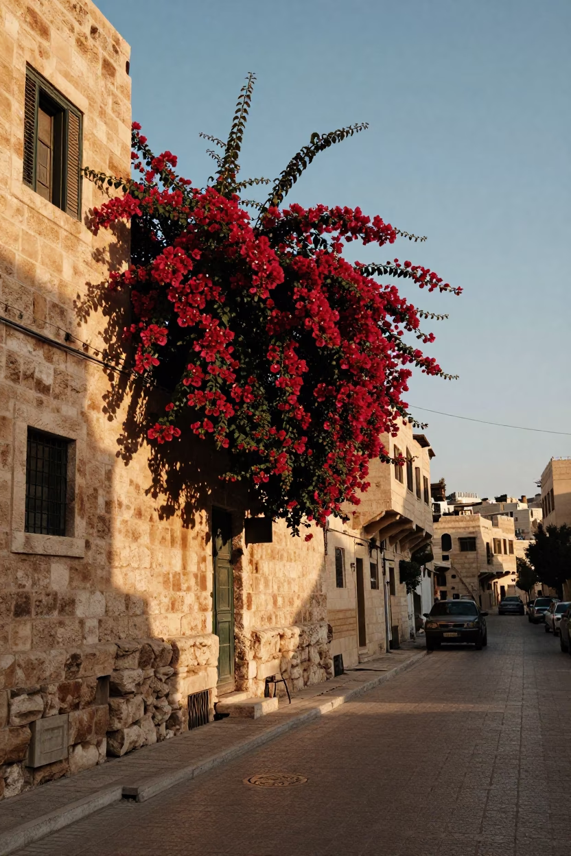 Amman Jordan Late Afternoon Street Scene with Bougainvillea and Urban Architecture in in Amman, Jordan