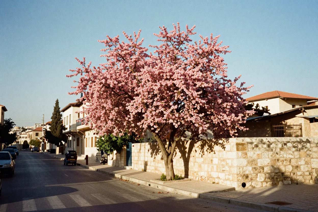 Amman Jordan Late Afternoon Street Scene with Dogwood Tree and Local Traffic in in Amman, Jordan