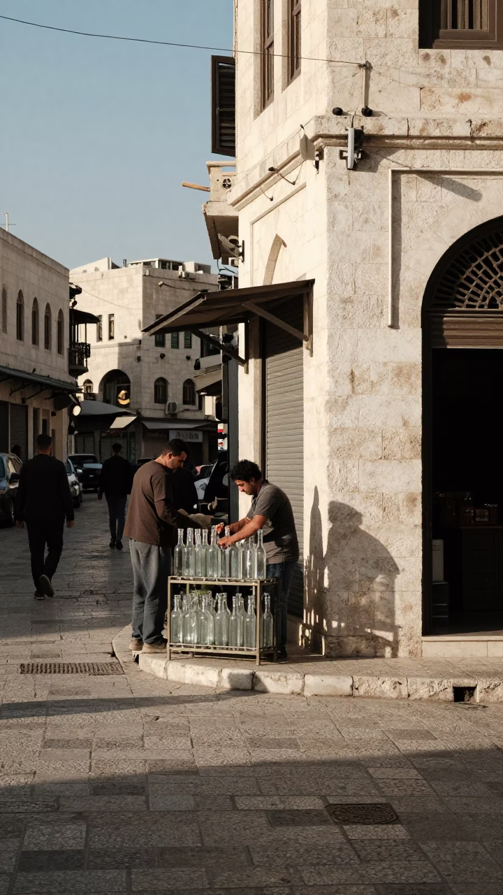 Amman Jordan Late Afternoon Street Scene with Glass Bottles and Local Architecture in in Amman, Jordan