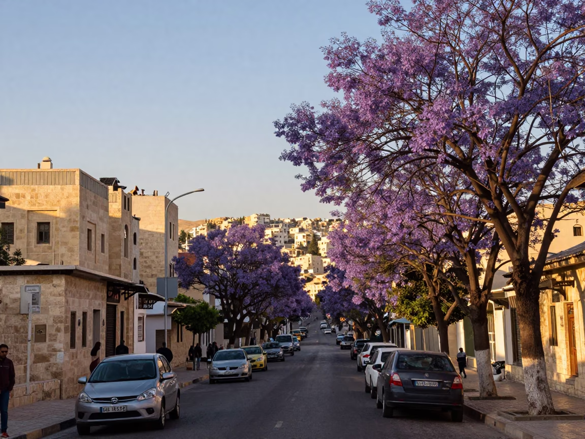 Amman Jordan Late Afternoon Street Scene with Jacaranda Bloom and Local Life in in Amman, Jordan
