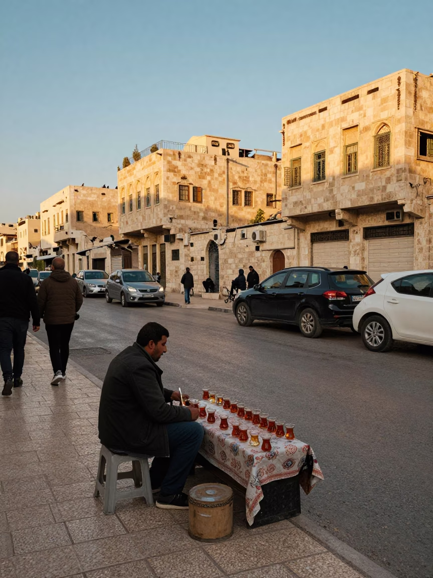 Amman Jordan Late Afternoon Street Scene with Local Vendor and Traditional Tea in in Amman, Jordan
