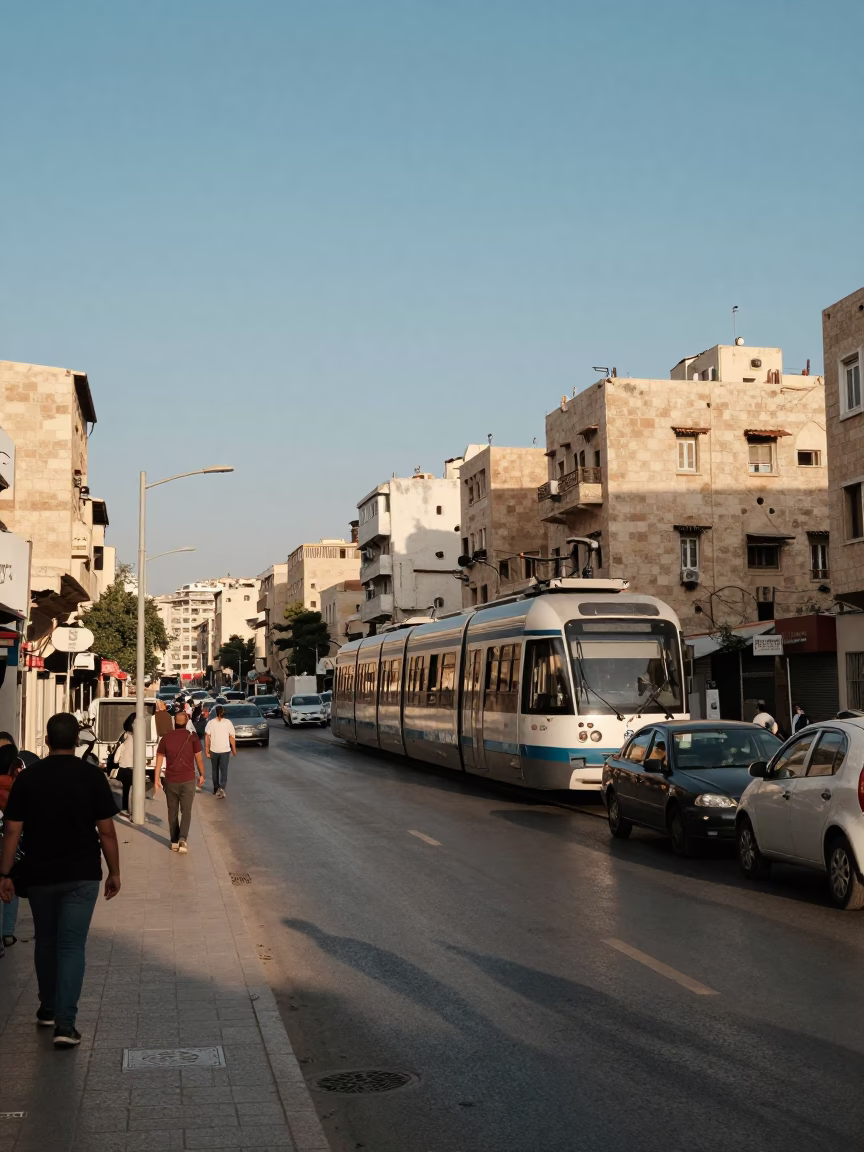 Amman Jordan Late Afternoon Street Scene with Monorail and Urban Life in in Amman, Jordan