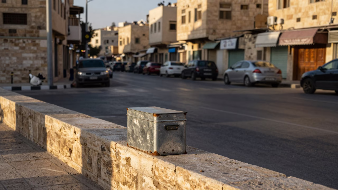 Amman Jordan Late Afternoon Street Scene with Tin Box and Traditional Architecture in in Amman, Jordan