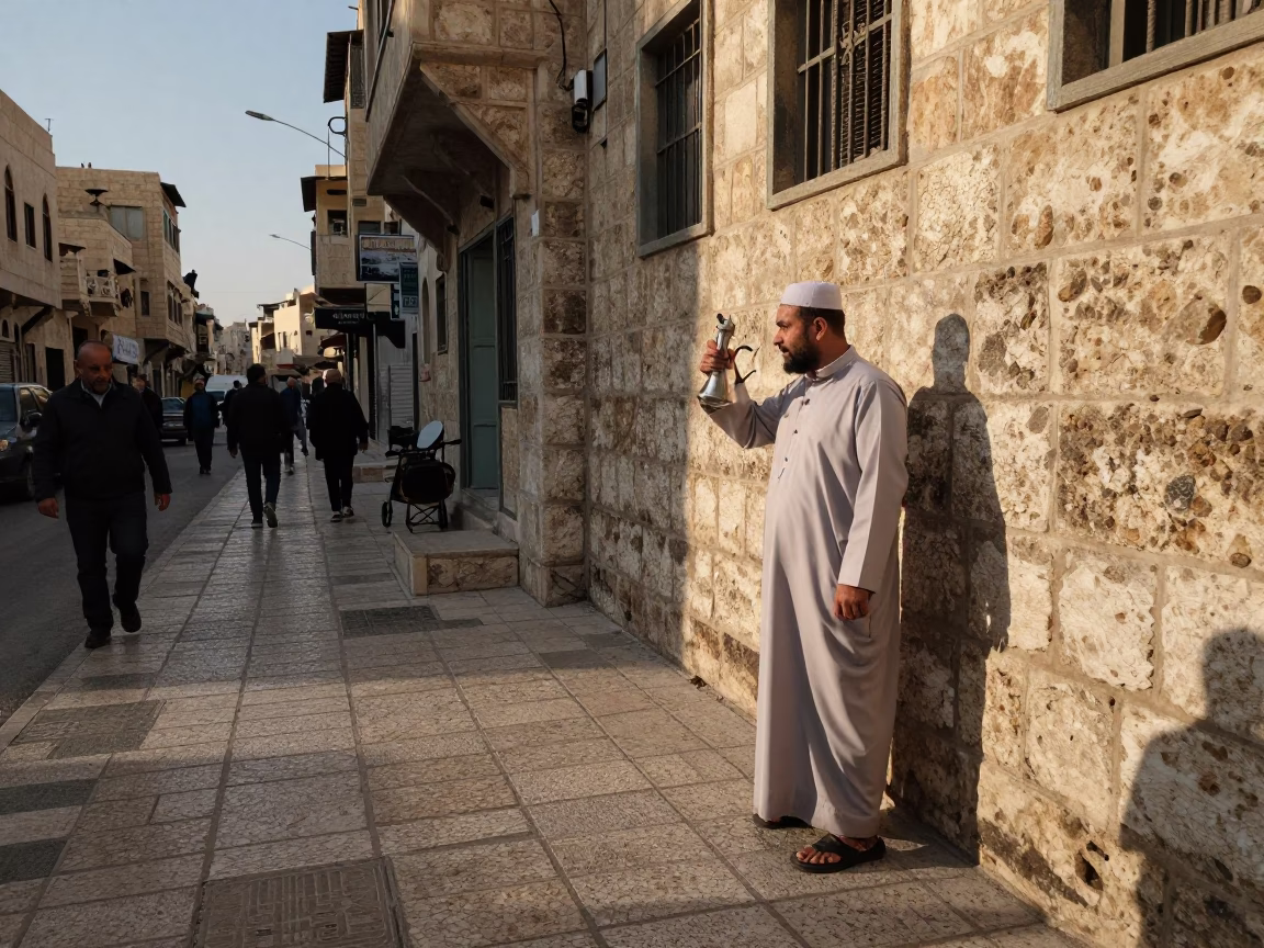 Amman Jordan Late Afternoon Street Scene with Traditional Coffee Pot and Local Interaction in in Amman, Jordan