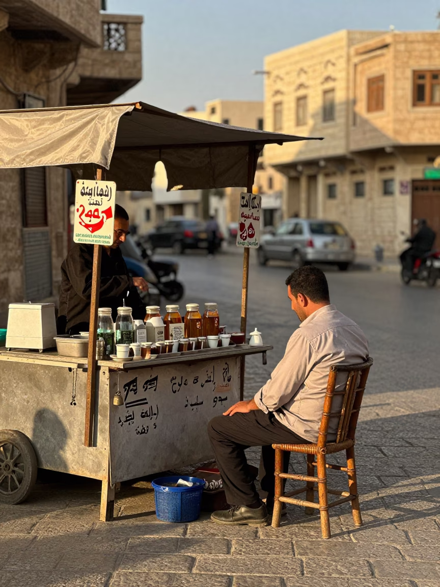 Amman Jordan Late Afternoon Street Scene with Traditional Tea and Local Architecture in in Amman, Jordan