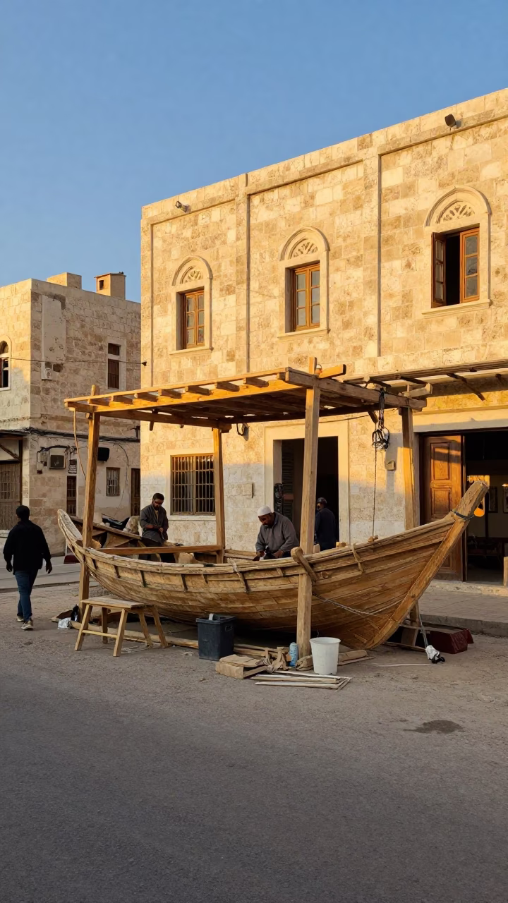 Amman Jordan Late Afternoon Street Scene with Wooden Dhow Construction and Twine Fibers in in Amman, Jordan