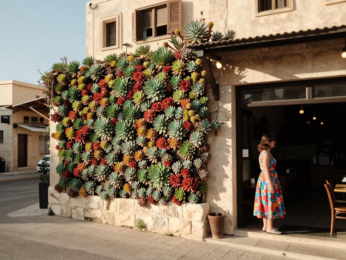 Amman Jordan Late Morning Street Scene with Succulent Wall and Local Life in in Amman, Jordan
