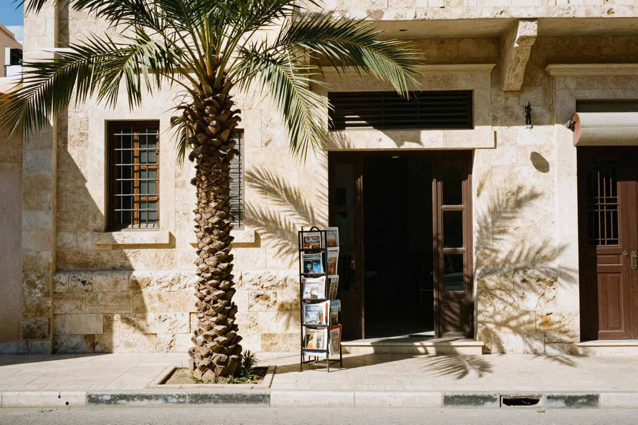 Amman Jordan Midday Street Scene Date Palm and Magazine Rack in in Amman, Jordan