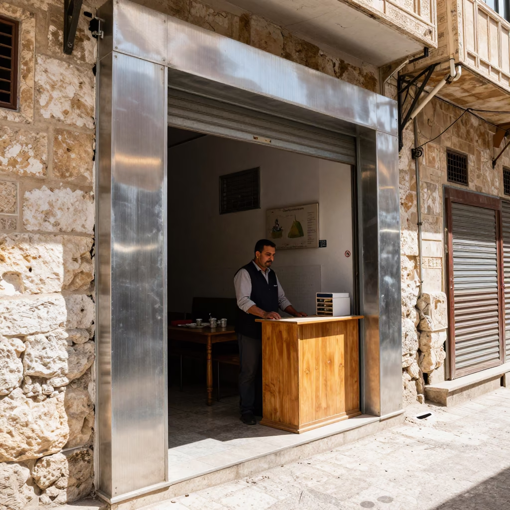 Amman Jordan Midday Street Scene with Brushed Steel Doorframe and Spice Jar in in Amman, Jordan