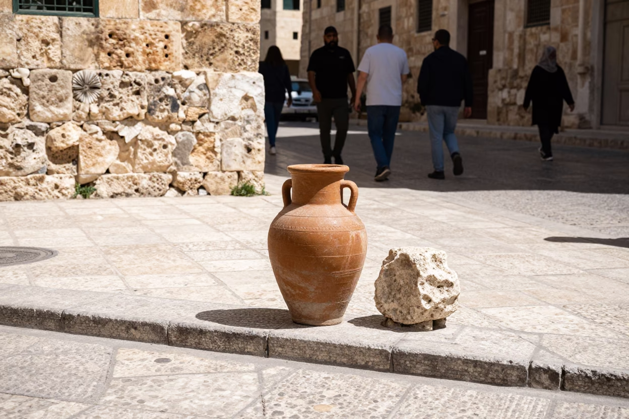 Amman Jordan Midday Street Scene with Ceramic Jar and Stone Architecture in in Amman, Jordan