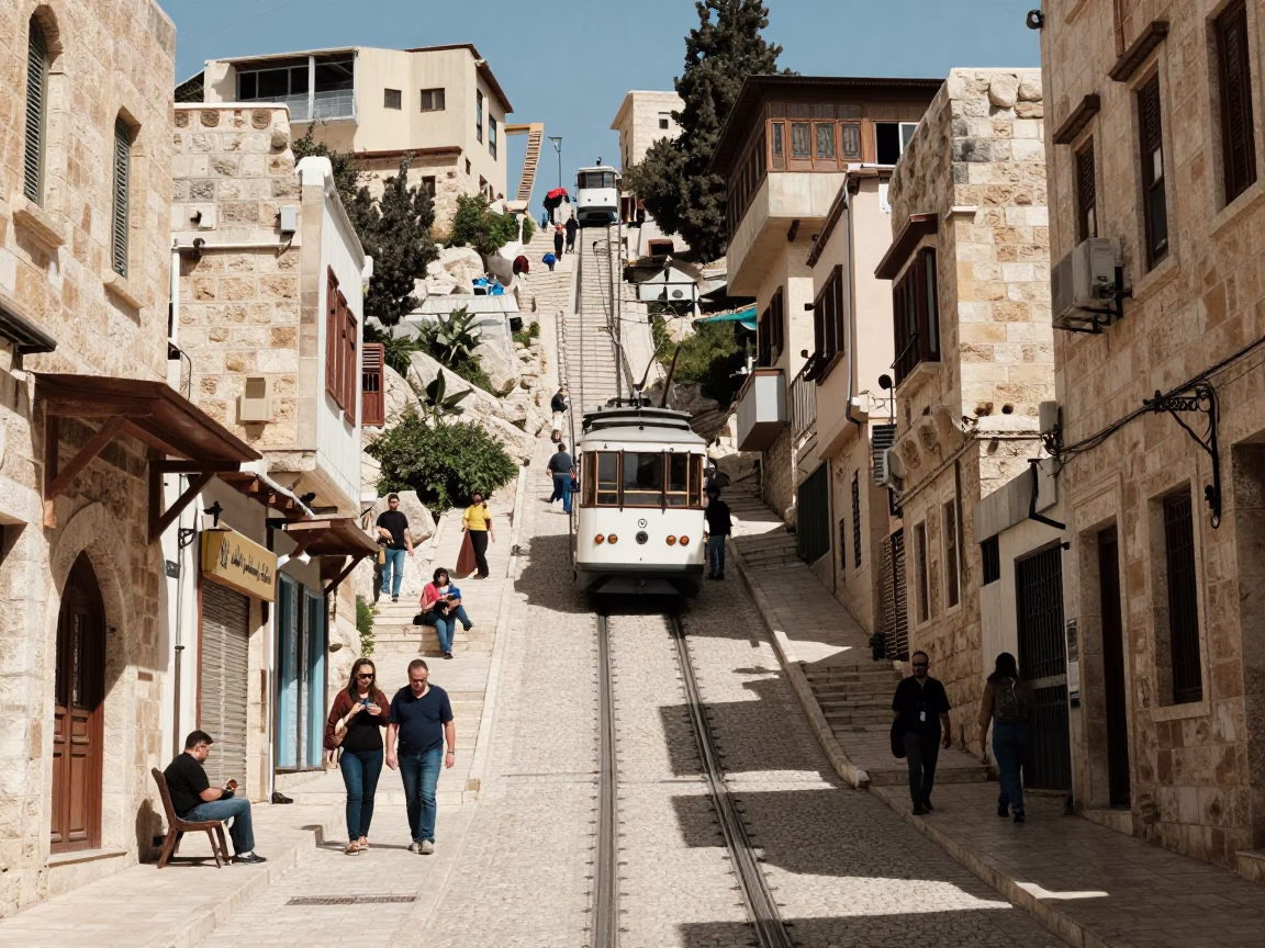 Amman Jordan Midday Street Scene with Funicular Railway and Traditional Stone Architecture in in Amman, Jordan